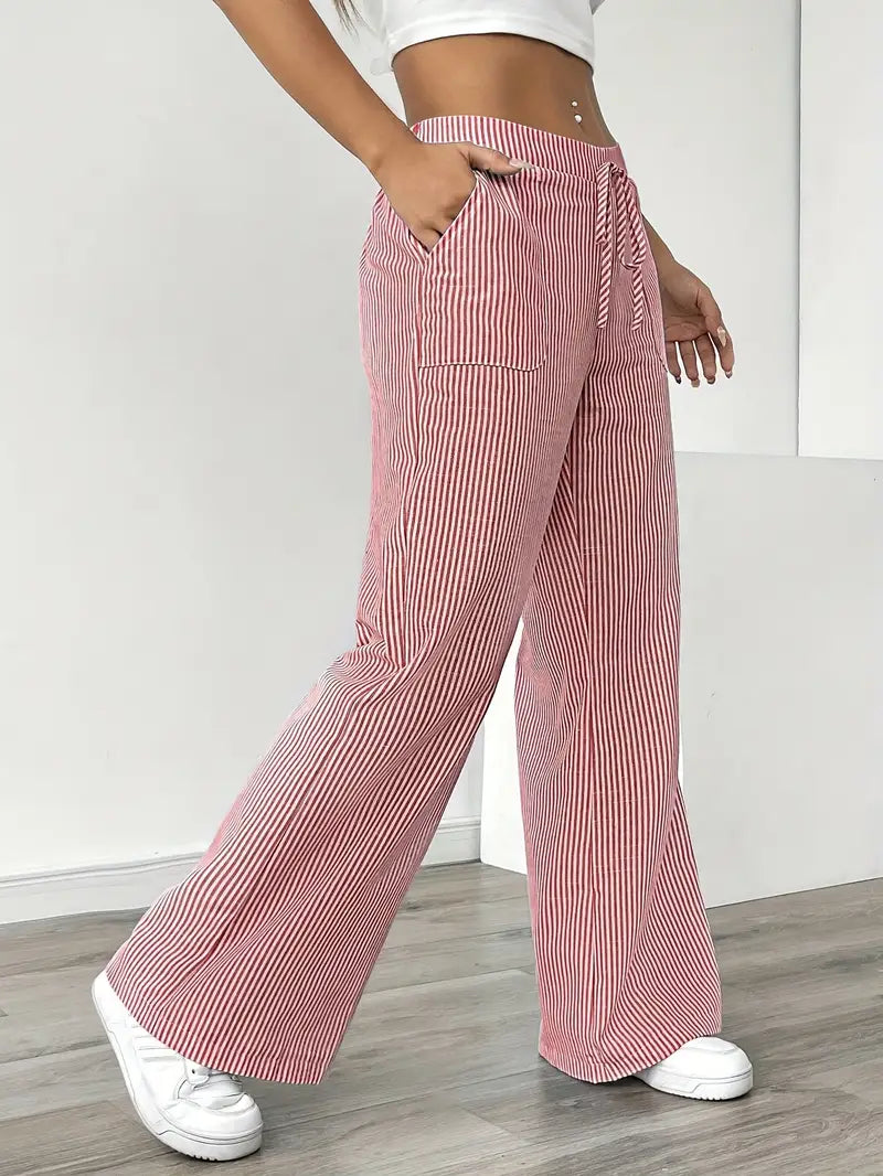 Pantalon rayé pour femmes avec jambe large et cordon de serrage