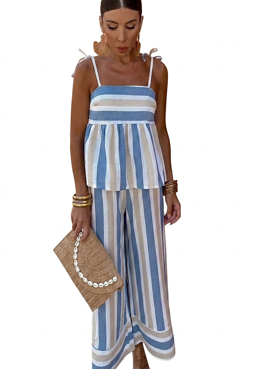 Top peplum rayé et ensemble avec pantalon large pour femmes