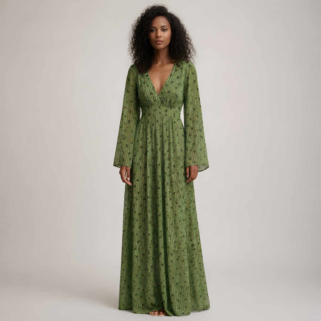 Valentina - Robe longue élégante à pois verts