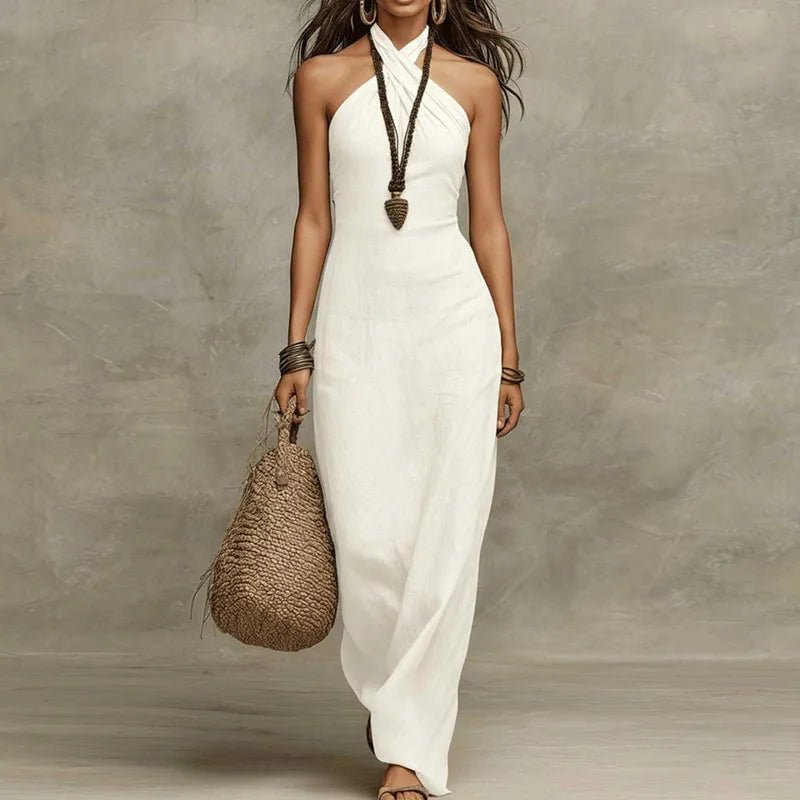 Evelyn | Robe Maxi Halter Col Croisé Sans Manches Bohémienne