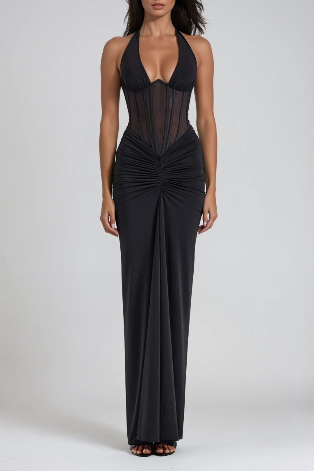 Robe Maxi Drapée avec Corset à Col Halter