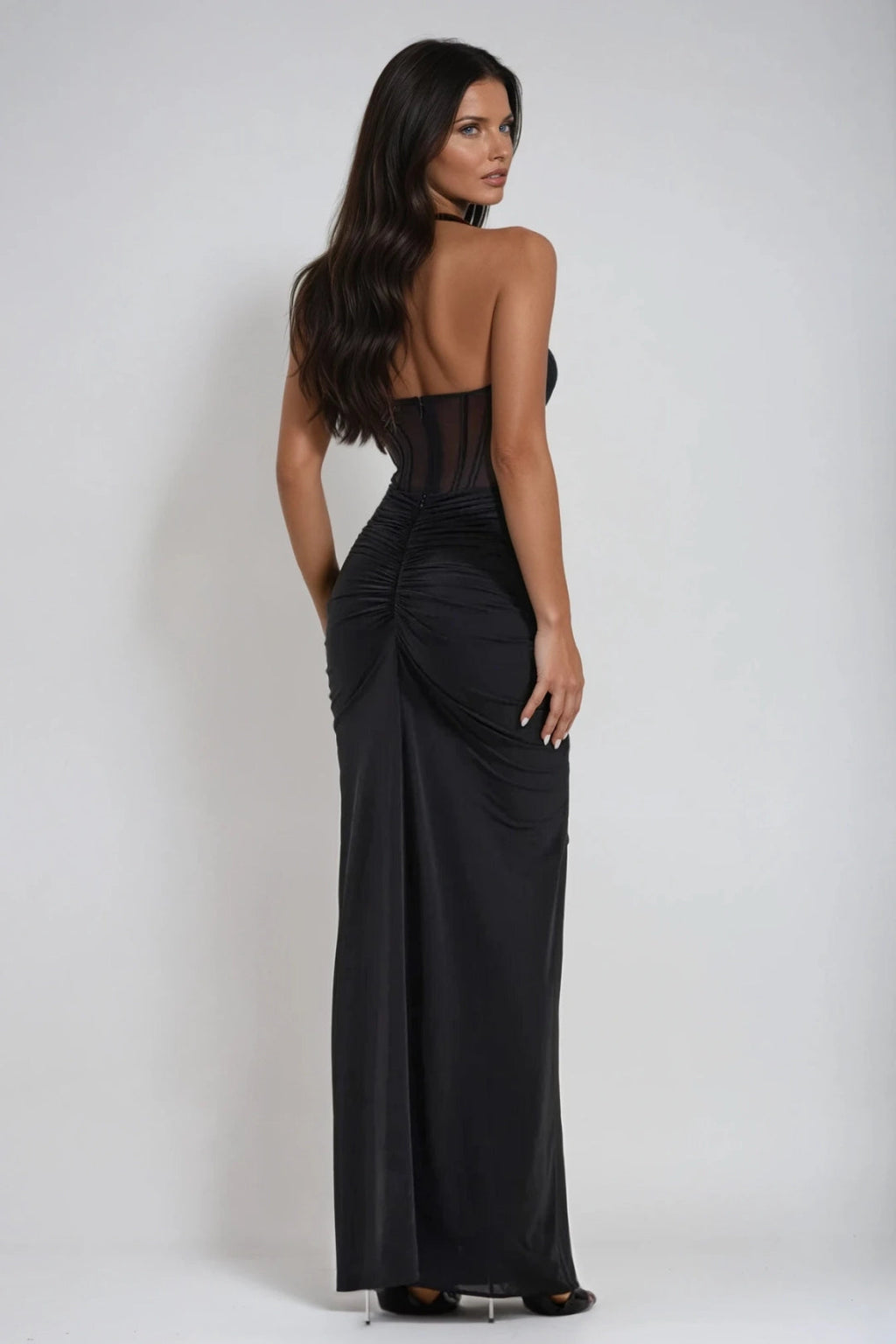 Robe Maxi Drapée avec Corset à Col Halter