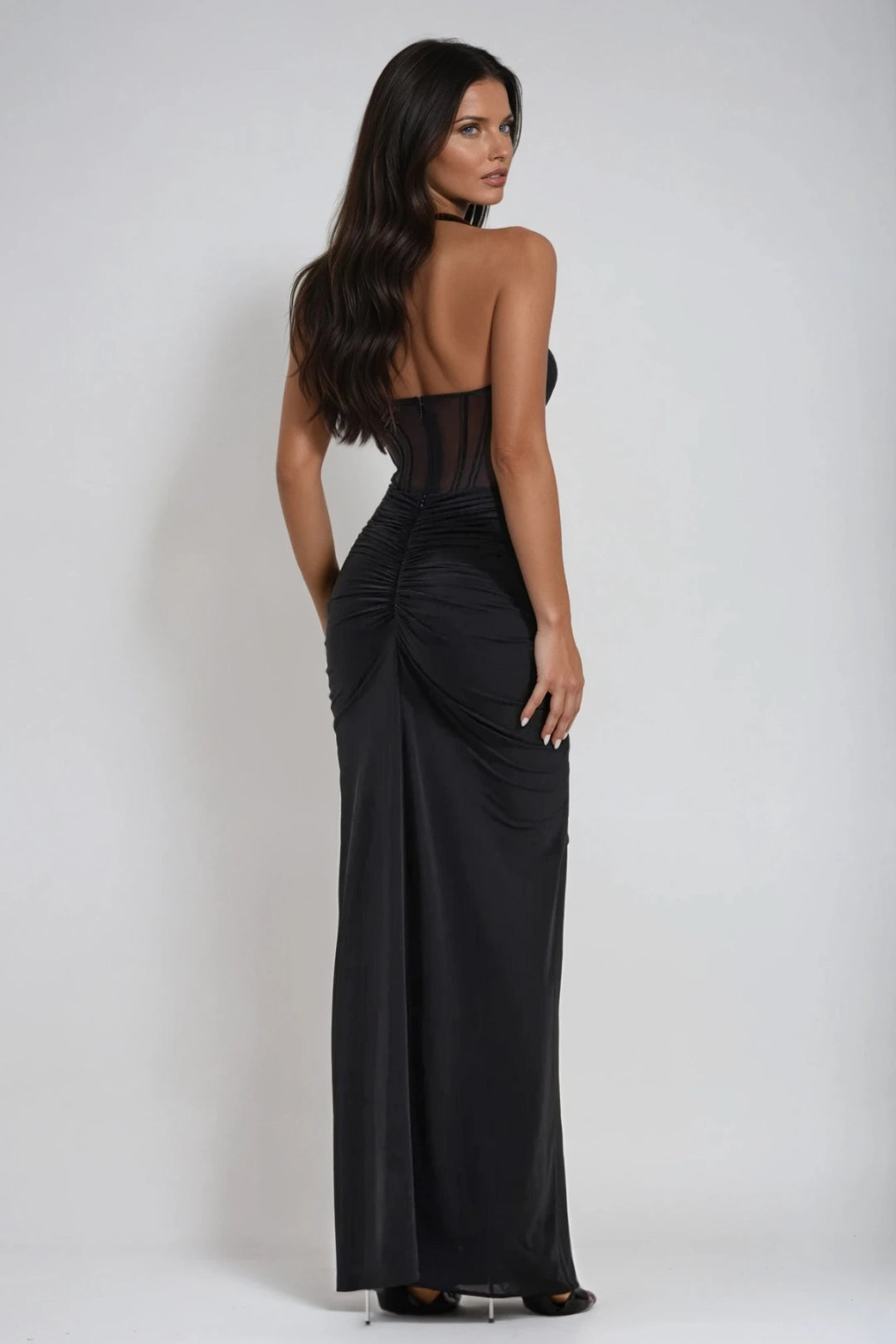 Robe Maxi Drapée avec Corset à Col Halter