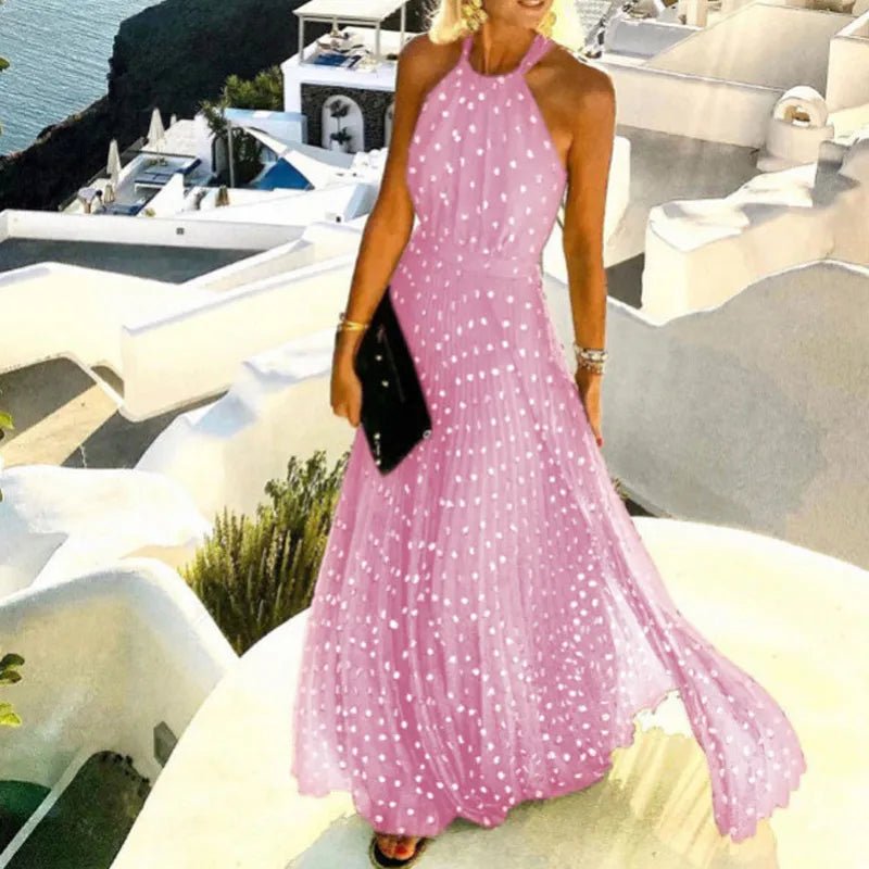 Mia | Robe Maxi Dos Nu à Col Halter à Pois Plissée Bohème