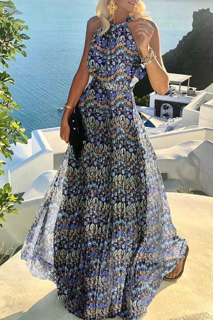 Mia | Robe Maxi Dos Nu à Col Halter à Pois Plissée Bohème