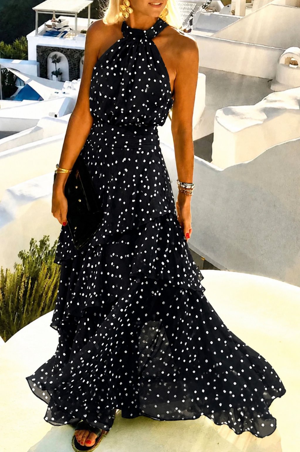Mia | Robe Maxi à Col Halter à Pois Plissée Sans Dos Bohème