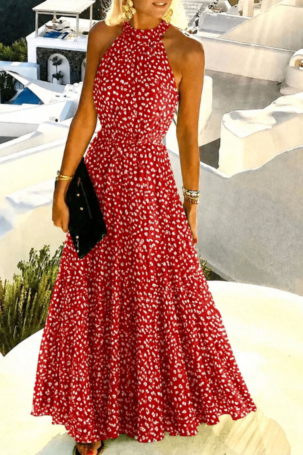 Mia | Robe Maxi Dos Nu à Col Halter à Pois Plissée Bohème