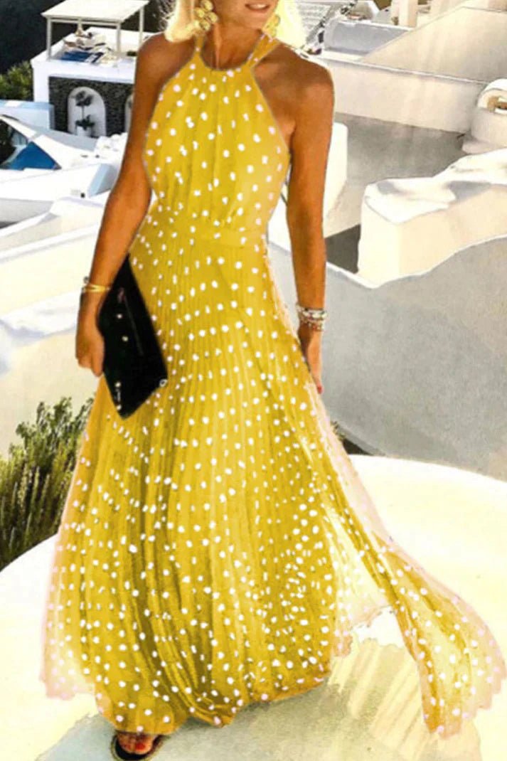 Mia | Robe Maxi à Col Halter à Pois Plissée Sans Dos Bohème