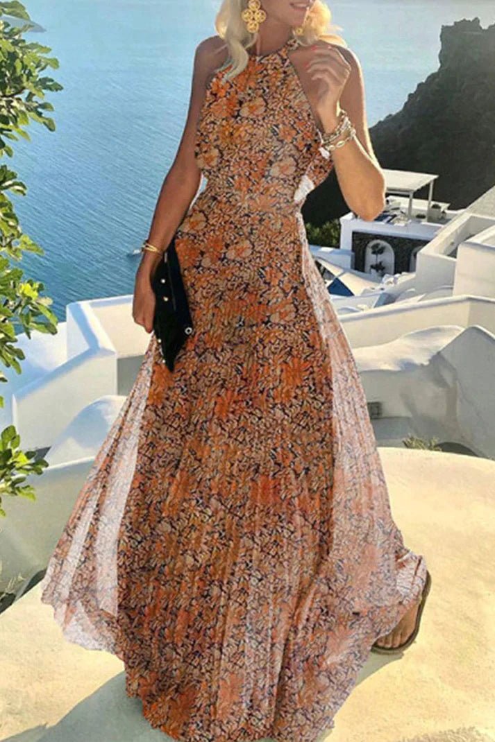 Mia | Robe Maxi Dos Nu à Col Halter à Pois Plissée Bohème