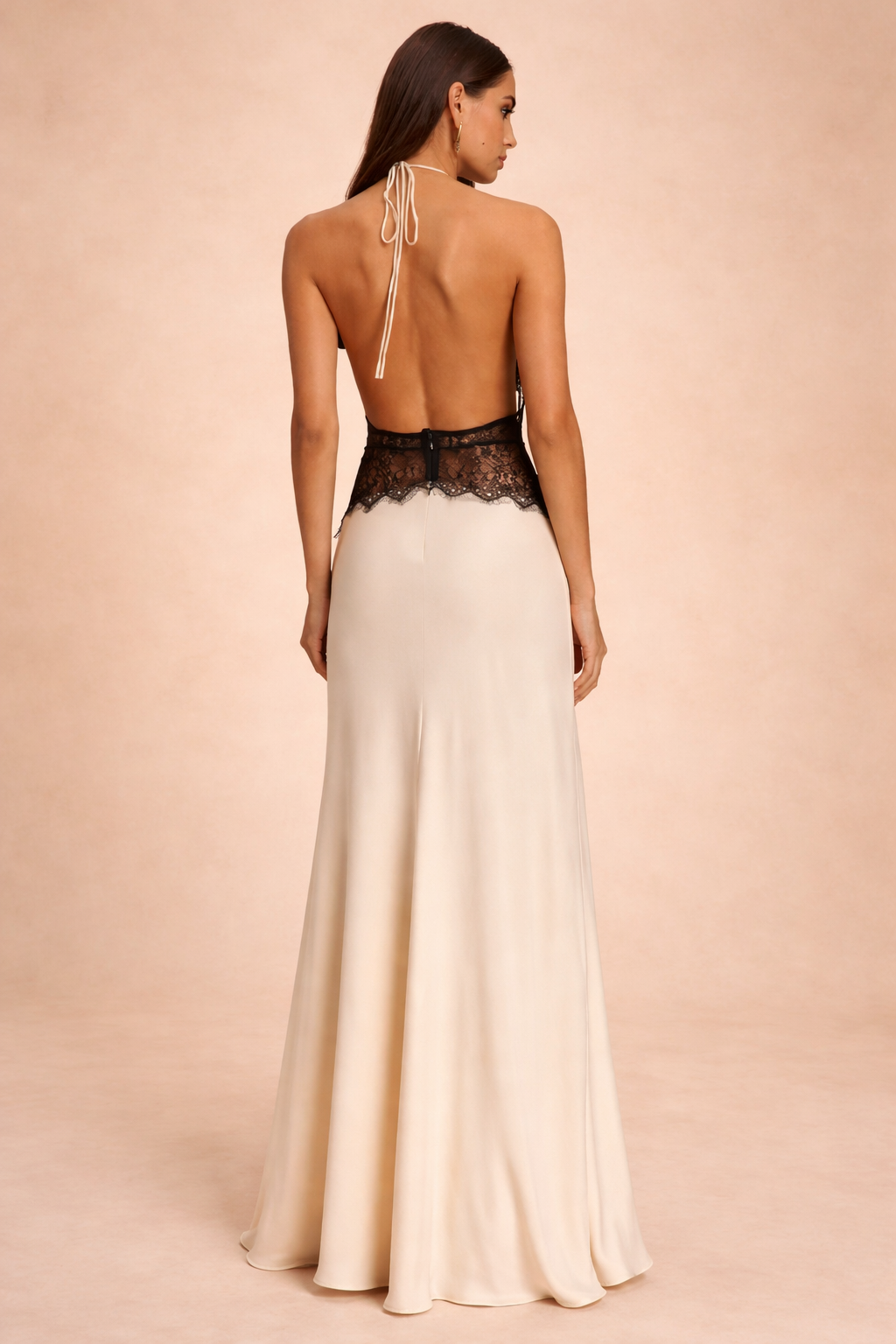 Robe Maxi Satin à Col Halter avec Panneau en Dentelle à la Taille