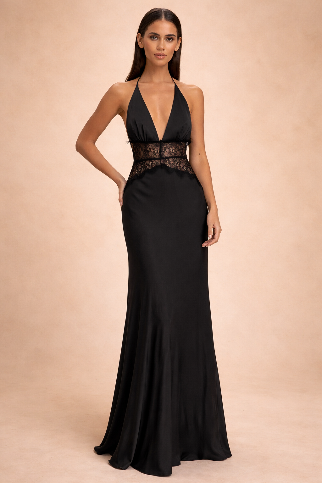 Robe Maxi Satin à Col Halter avec Panneau en Dentelle à la Taille