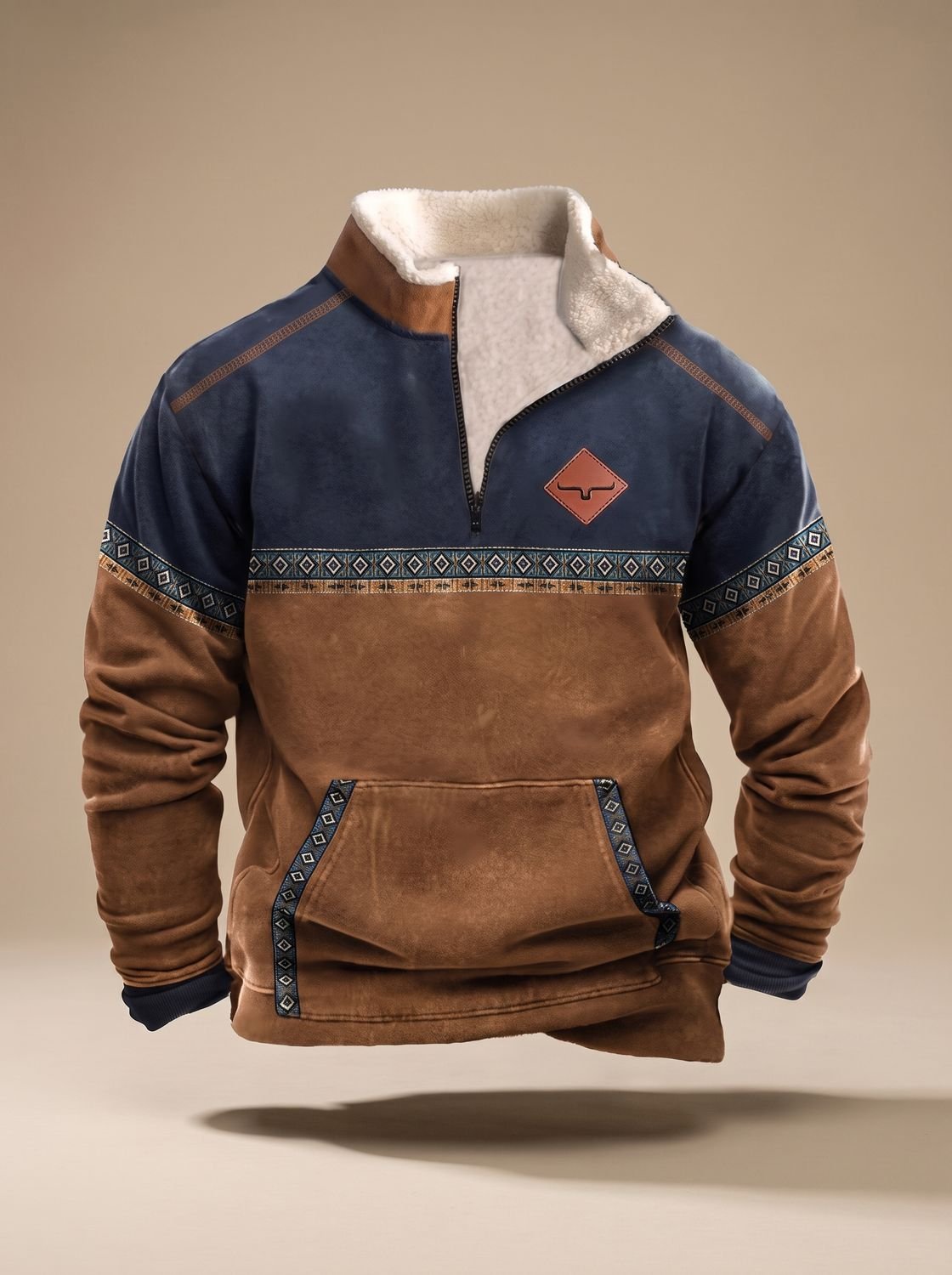Leon | Sweat-shirt en polaire pour hommes avec demi-zip, motif ethnique et poche kangourou