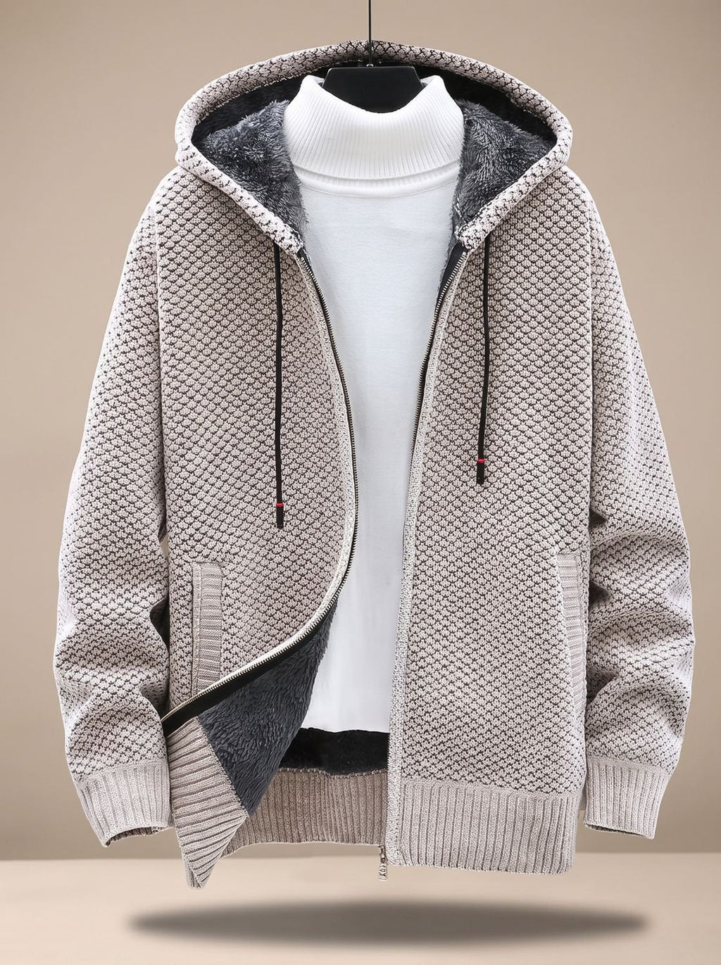 Tobias | Veste en tricot pour hommes avec capuche, fermeture éclair, doublure en polaire, motif gaufré