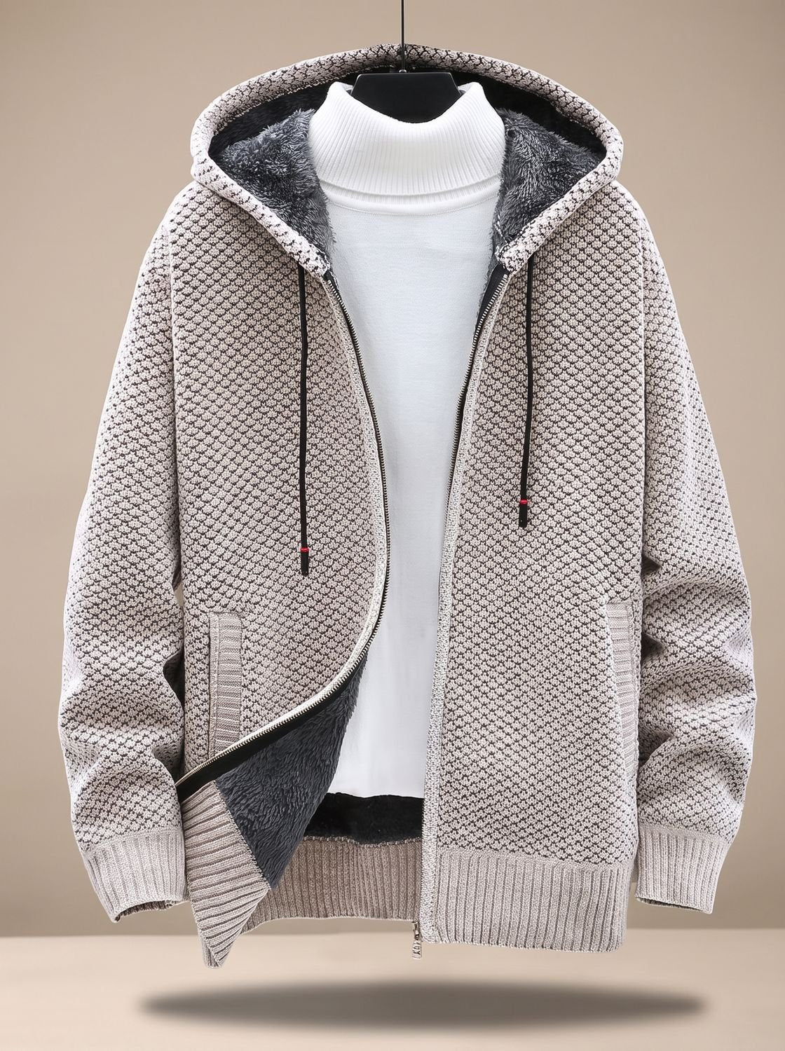 Tobias | Veste en tricot pour hommes avec capuche, fermeture éclair, doublure en polaire, motif gaufré