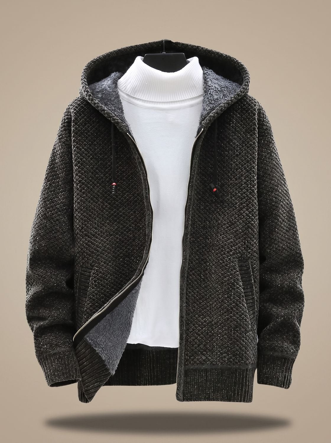 Tobias | Veste en tricot pour hommes avec capuche, fermeture éclair, doublure en polaire, motif gaufré