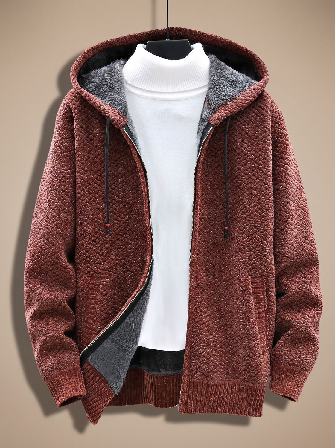 Tobias | Veste en tricot pour hommes avec capuche, fermeture éclair, doublure en polaire, motif gaufré