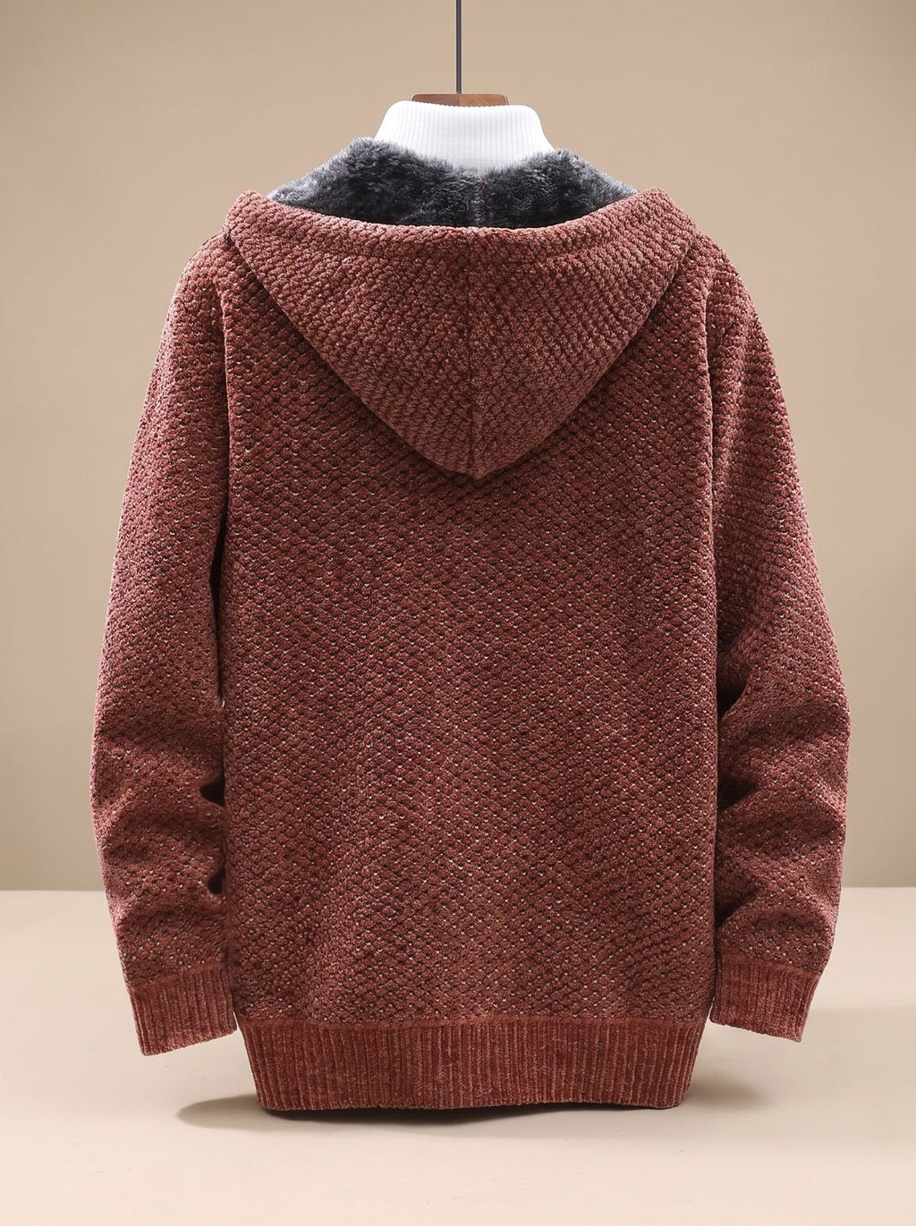 Tobias | Veste en tricot pour hommes avec capuche, fermeture éclair, doublure en polaire, motif gaufré