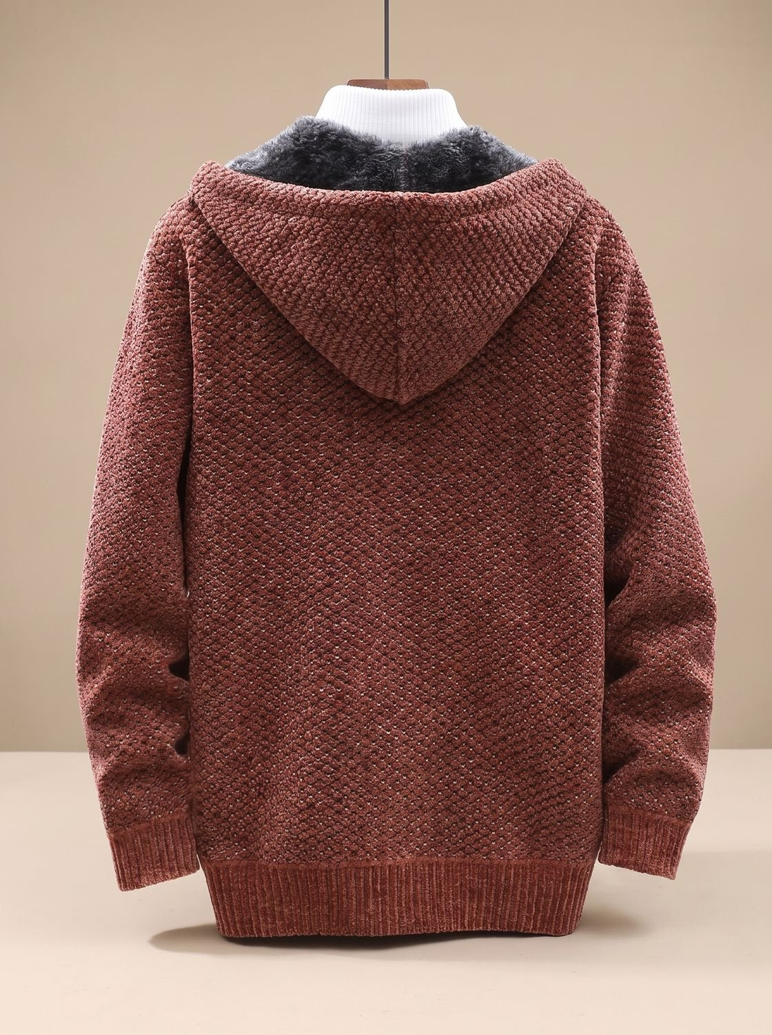 Tobias | Veste en tricot pour hommes avec capuche, fermeture éclair, doublure en polaire, motif gaufré