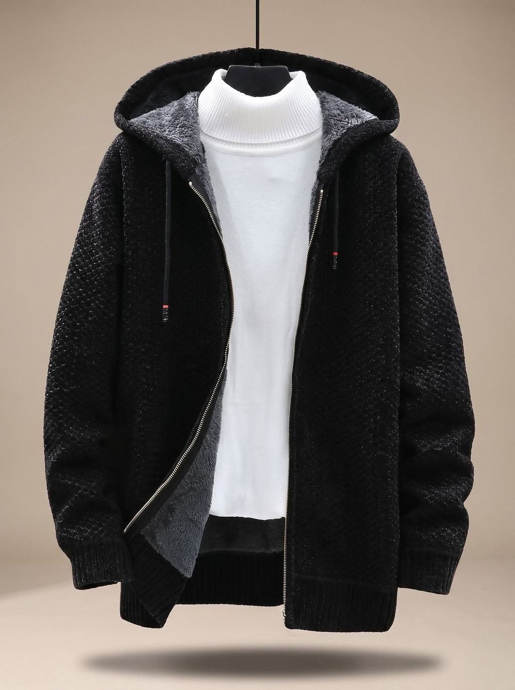 Tobias | Veste en tricot pour hommes avec capuche, fermeture éclair, doublure en polaire, motif gaufré