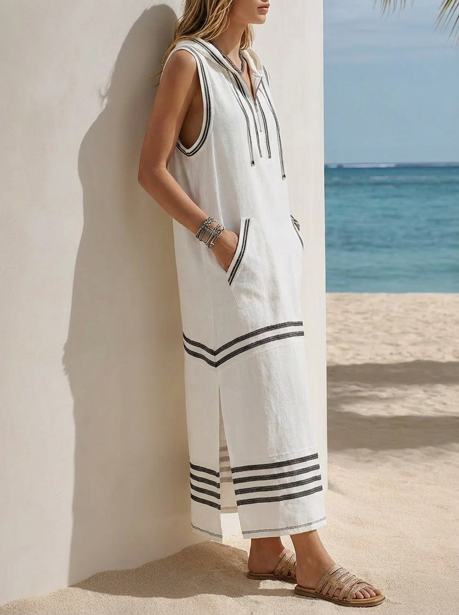 Robe maxi sans manches à rayures avec capuche - Idéale pour les sorties en bateau