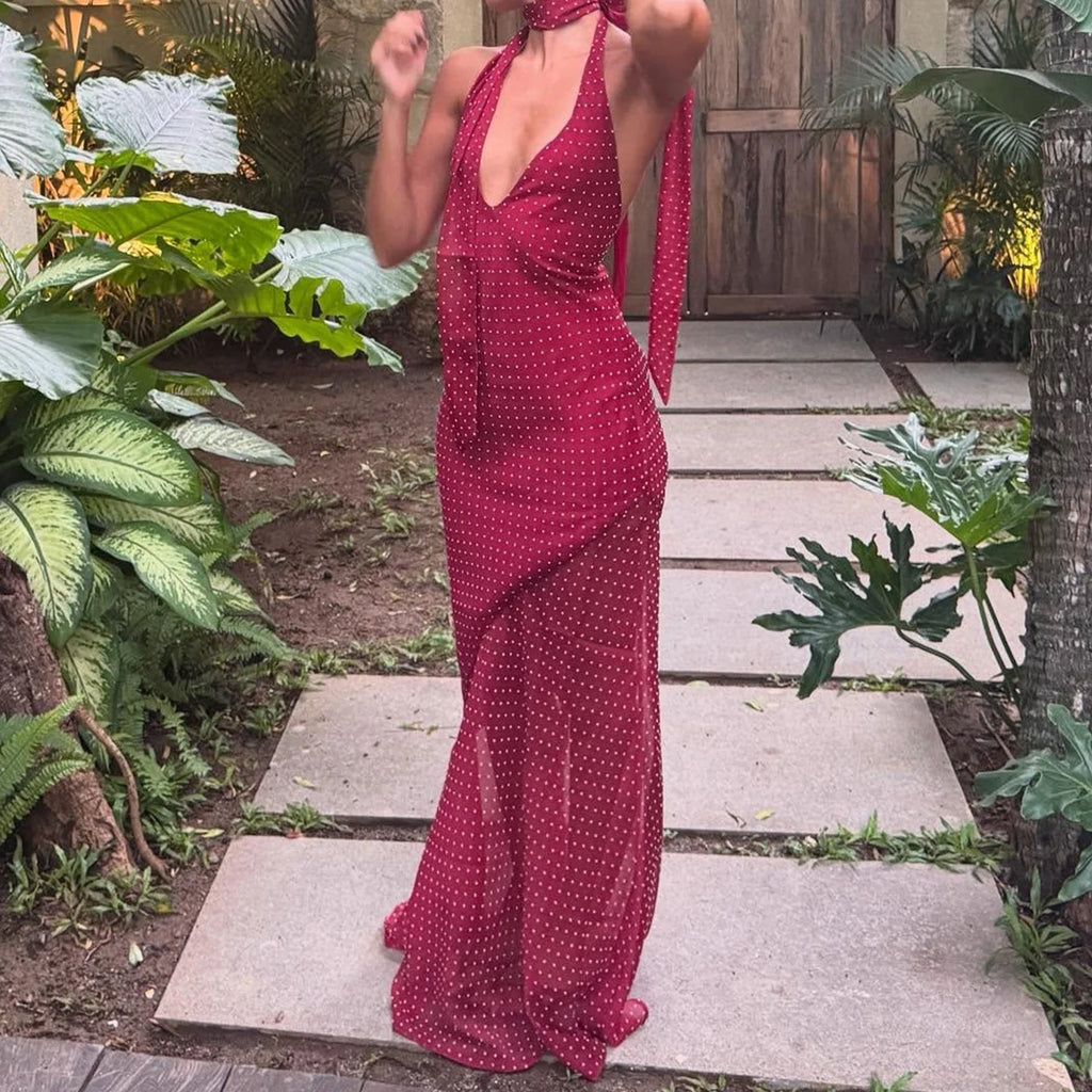 Robe Maxi à Dos Nu en Maille avec Détail de Superposition Transparente