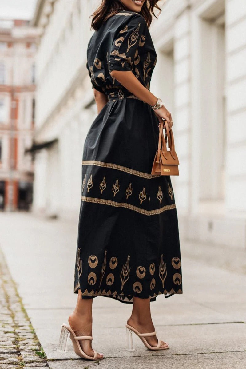 Sarah | Robe midi à manches longues ceinturée imprimée boho pour femmes