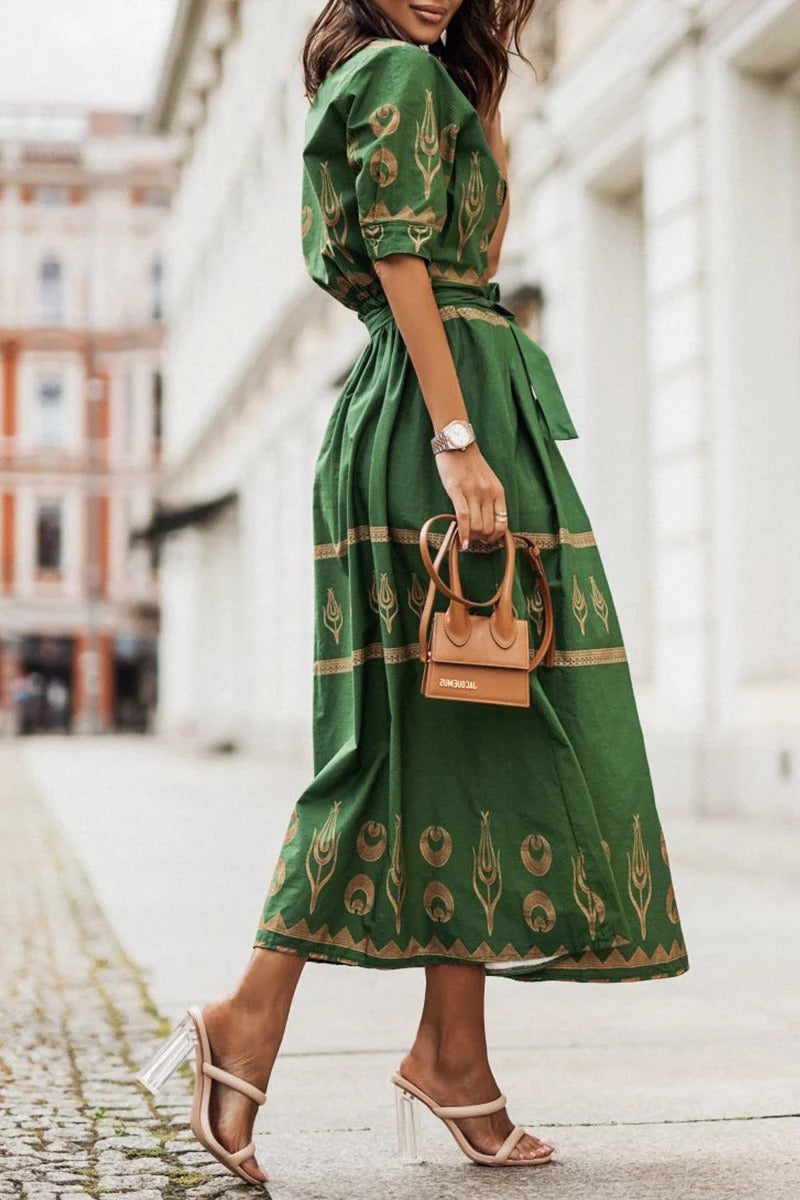 Sarah | Robe midi à manches longues ceinturée imprimée boho pour femmes