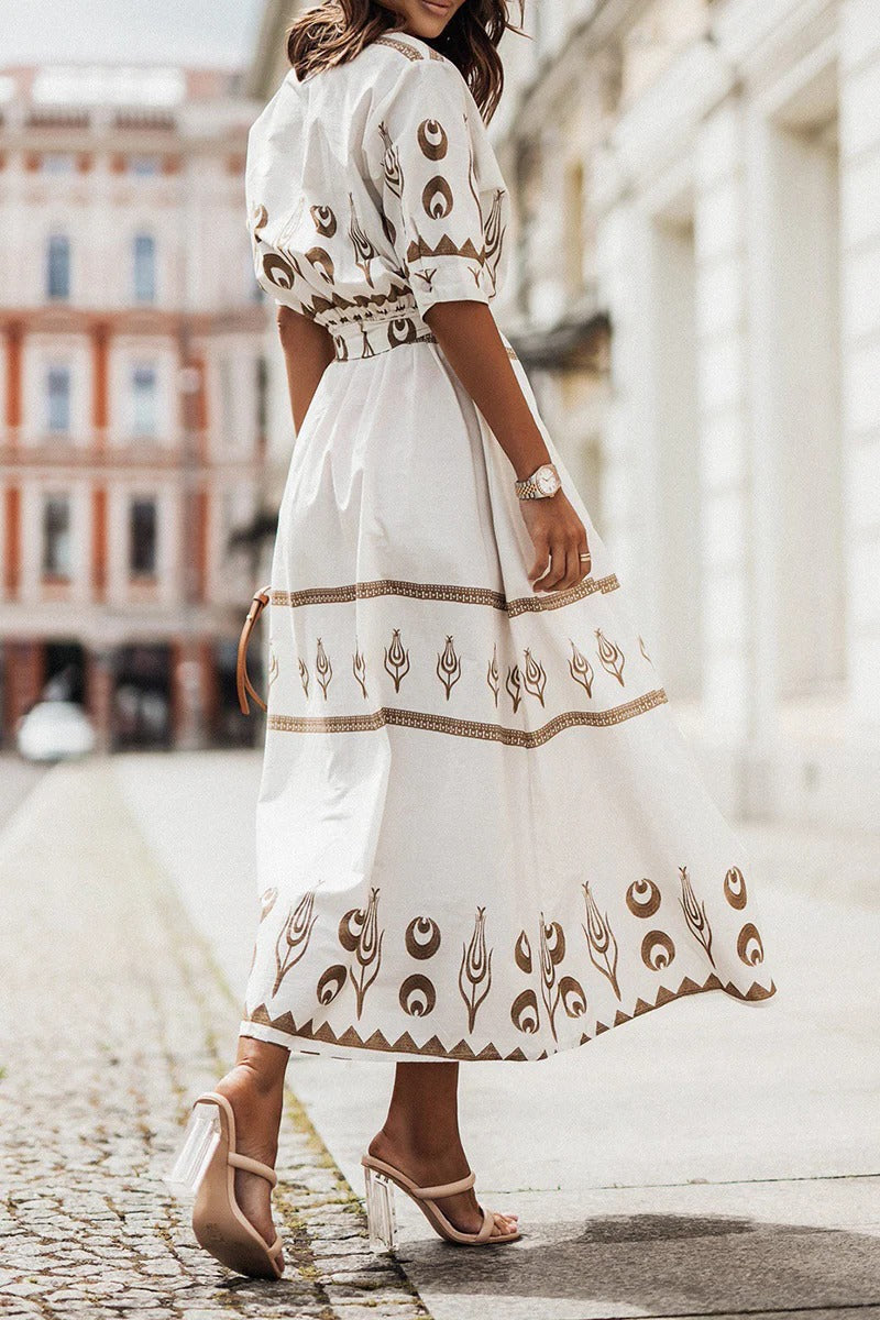 Sarah | Robe midi à manches longues ceinturée imprimée boho pour femmes