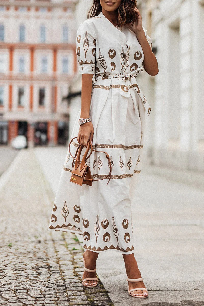 Sarah | Robe midi à manches longues ceinturée imprimée boho pour femmes