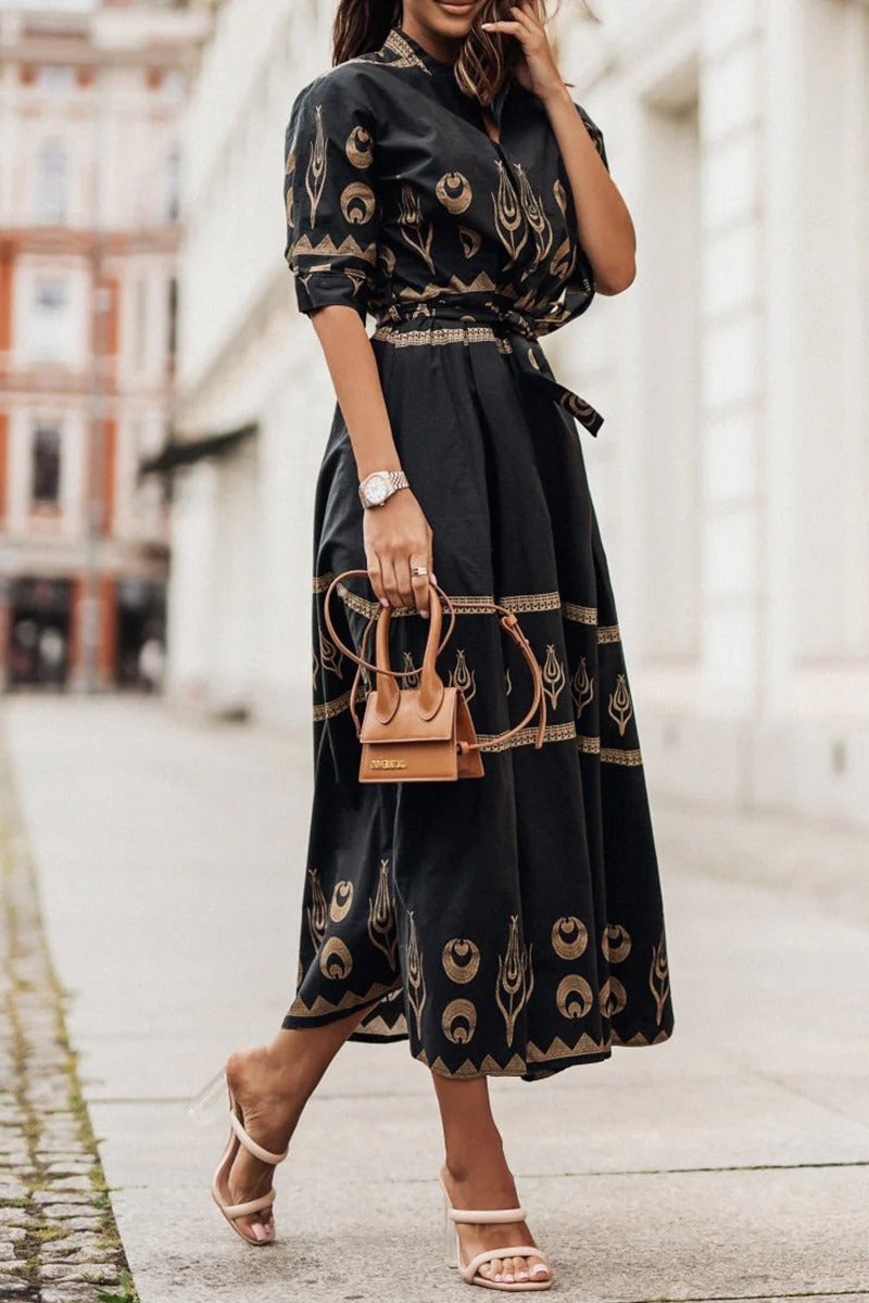 Sarah | Robe midi à manches longues ceinturée imprimée boho pour femmes