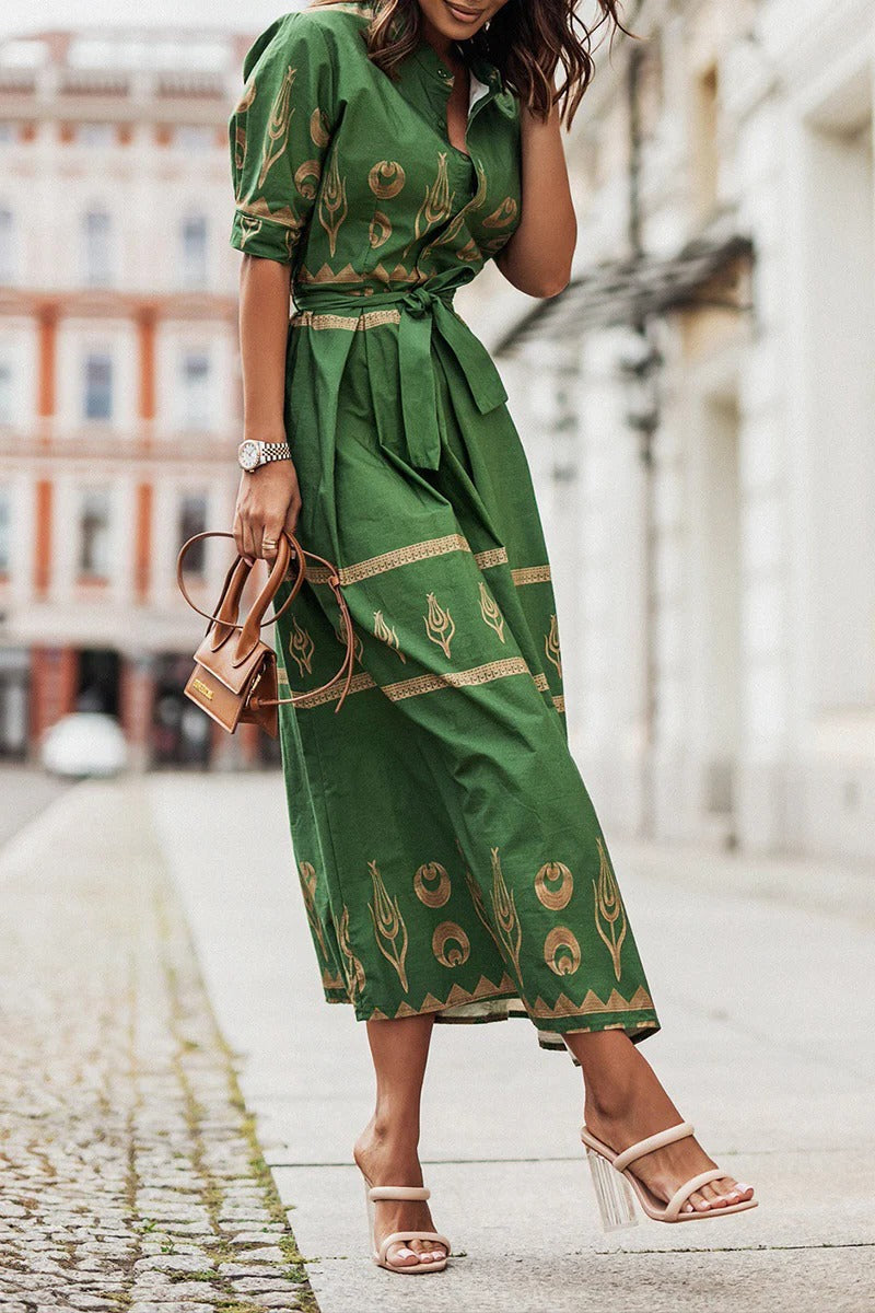 Sarah | Robe midi à manches longues ceinturée imprimée boho pour femmes