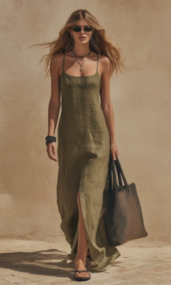 Leonie | Robe Midi Cargo en Lin pour Femmes avec Ceinture et Poches