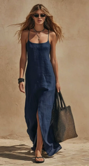 Leonie | Robe Midi Cargo en Lin pour Femmes avec Ceinture et Poches