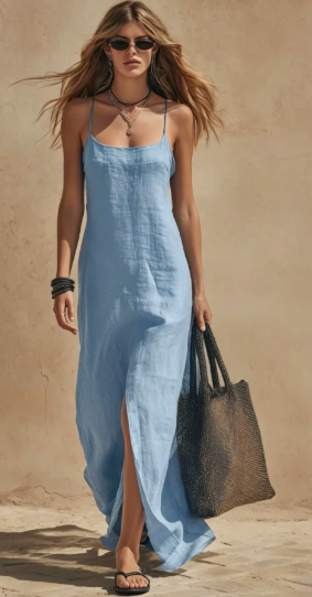 Leonie | Robe Midi en Lin pour Femme avec Ceinture et Poches