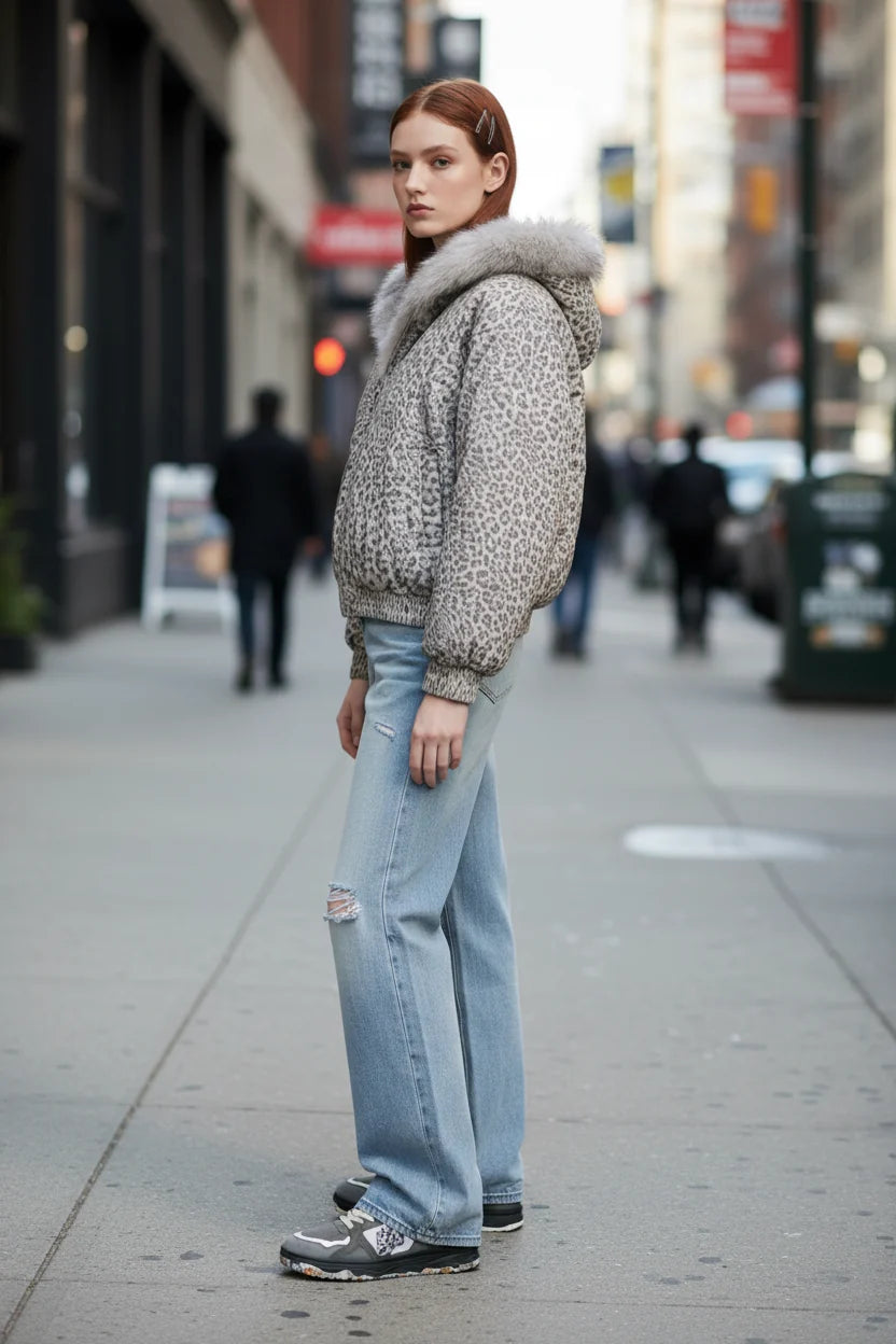 Manteau à Capuche Imprimé Léopard