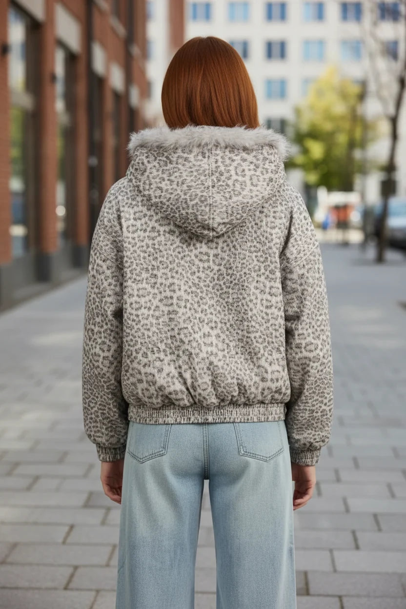 Manteau à Capuche Imprimé Léopard