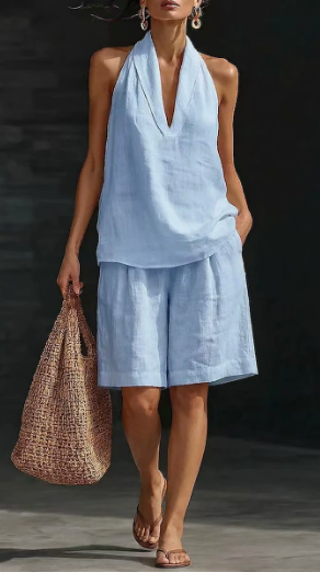 Annika | Ensemble Top en Lin-Coton pour Femmes, Short Sans Manches, Bleu Piqué
