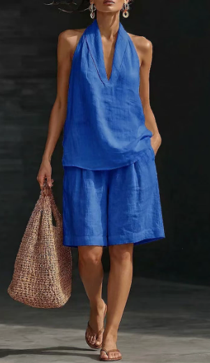 Annika | Ensemble Top en Lin-Coton pour Femmes, Short Sans Manches, Bleu Piqué