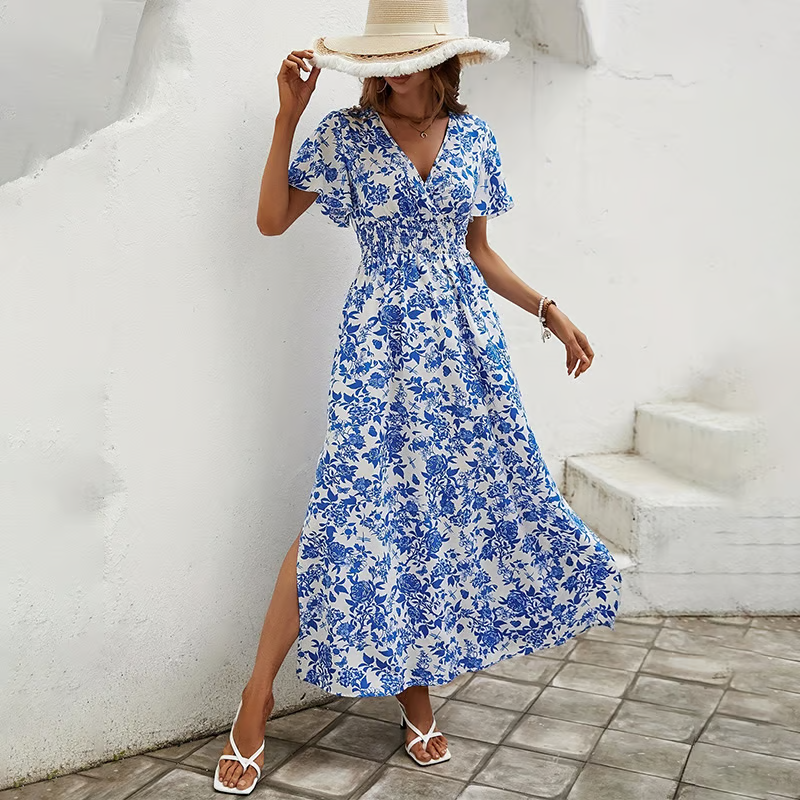 Margaret | Robe Maxi à Manches Courtes Imprimée Boho pour Femmes