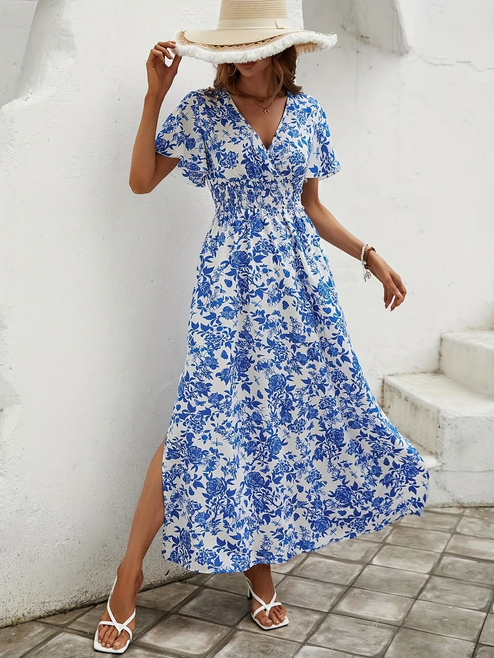 Margaret | Robe Maxi à Manches Courtes Imprimée Boho pour Femmes