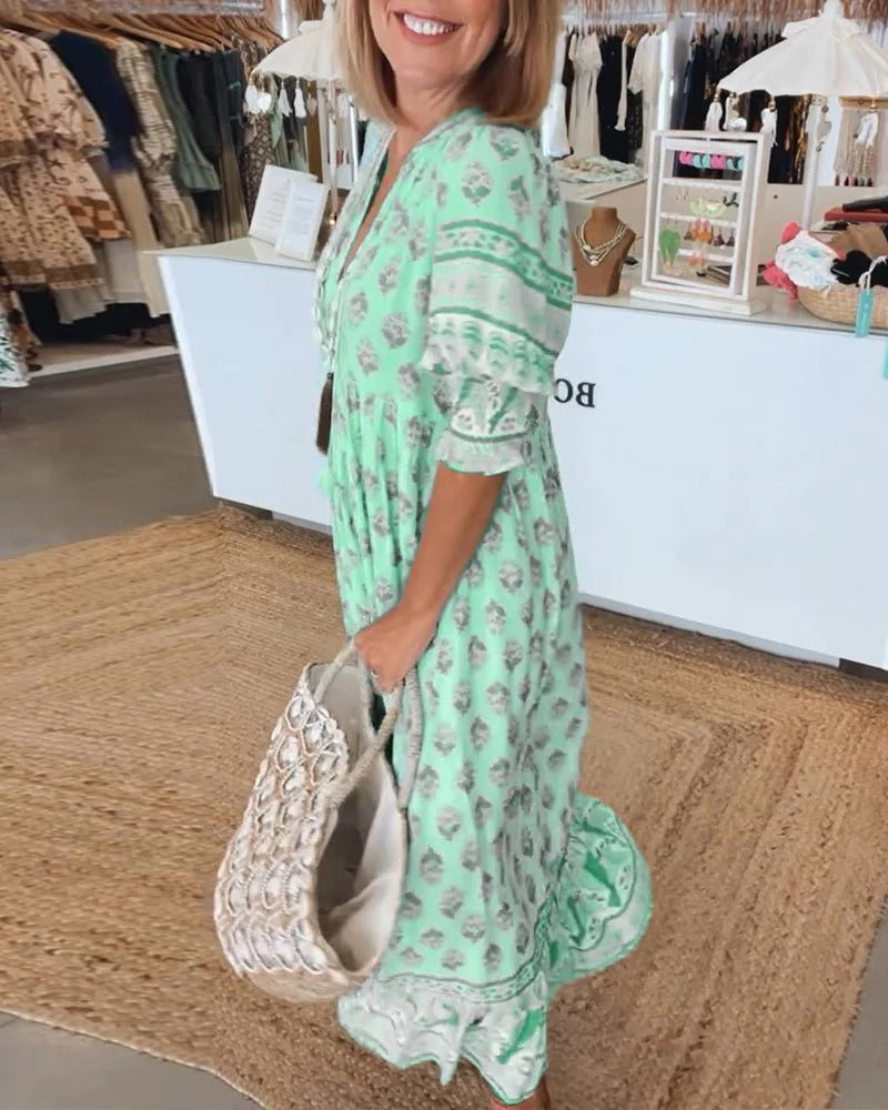 Isabella | Robe Midi à Imprimé Bohème avec Franges