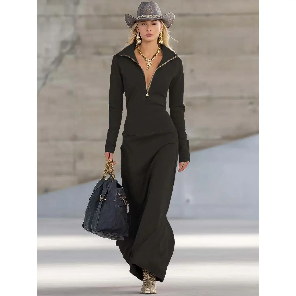 Robe maxi décontractée avec col roulé noir et design à fermeture éclair