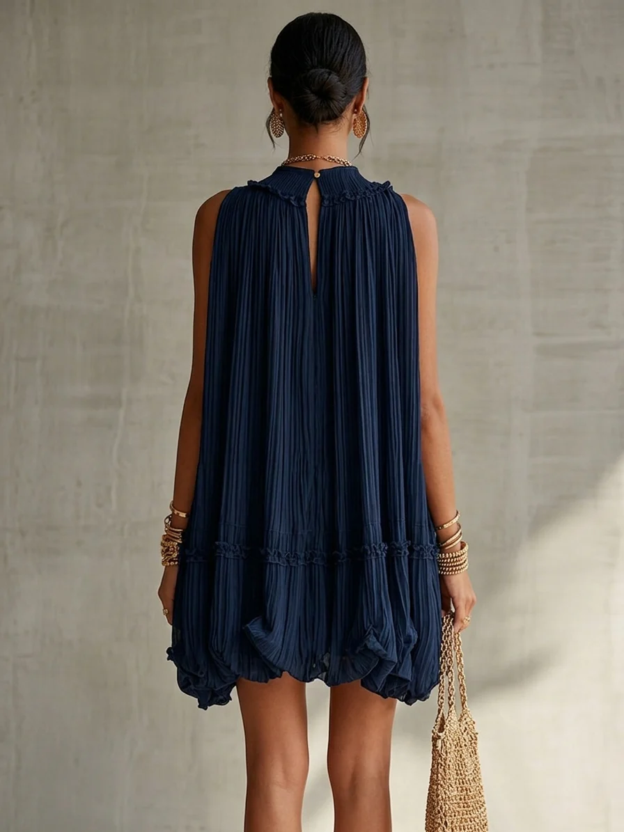 Robe mini à col rond pour femmes avec volants