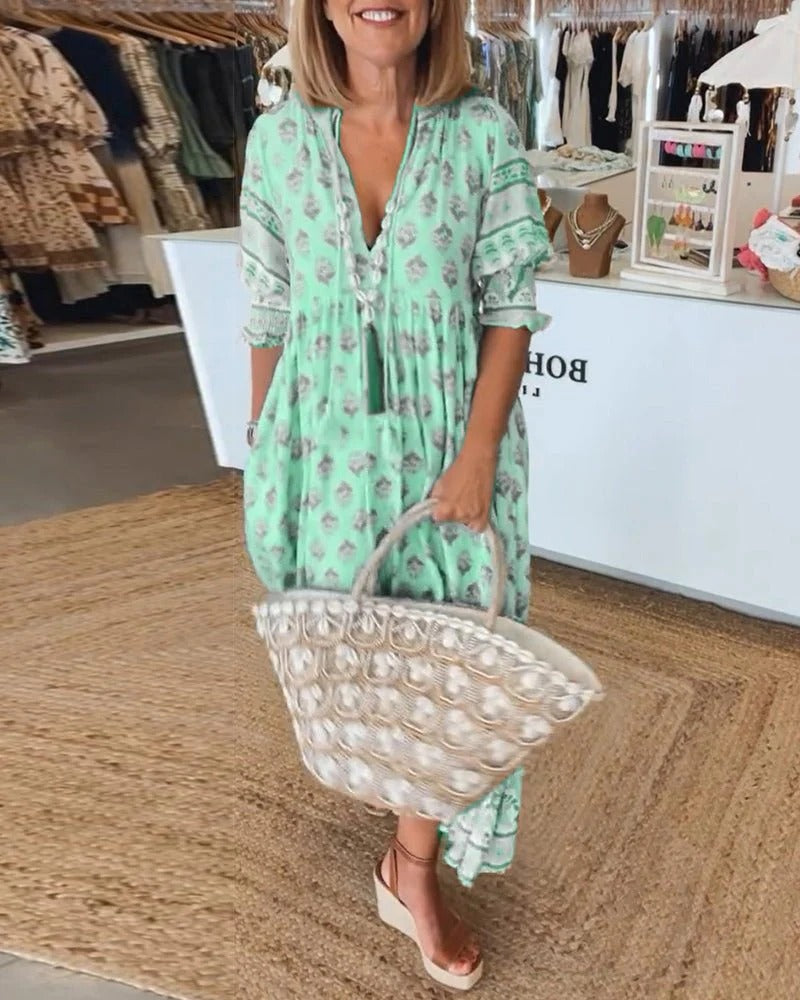 Isabella | Robe Midi à Imprimé Bohème avec Franges