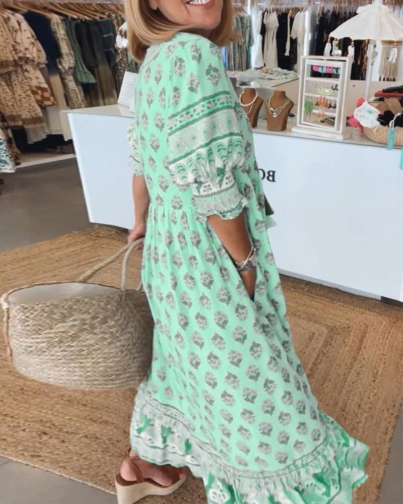 Isabella | Robe Midi à Imprimé Bohème avec Franges