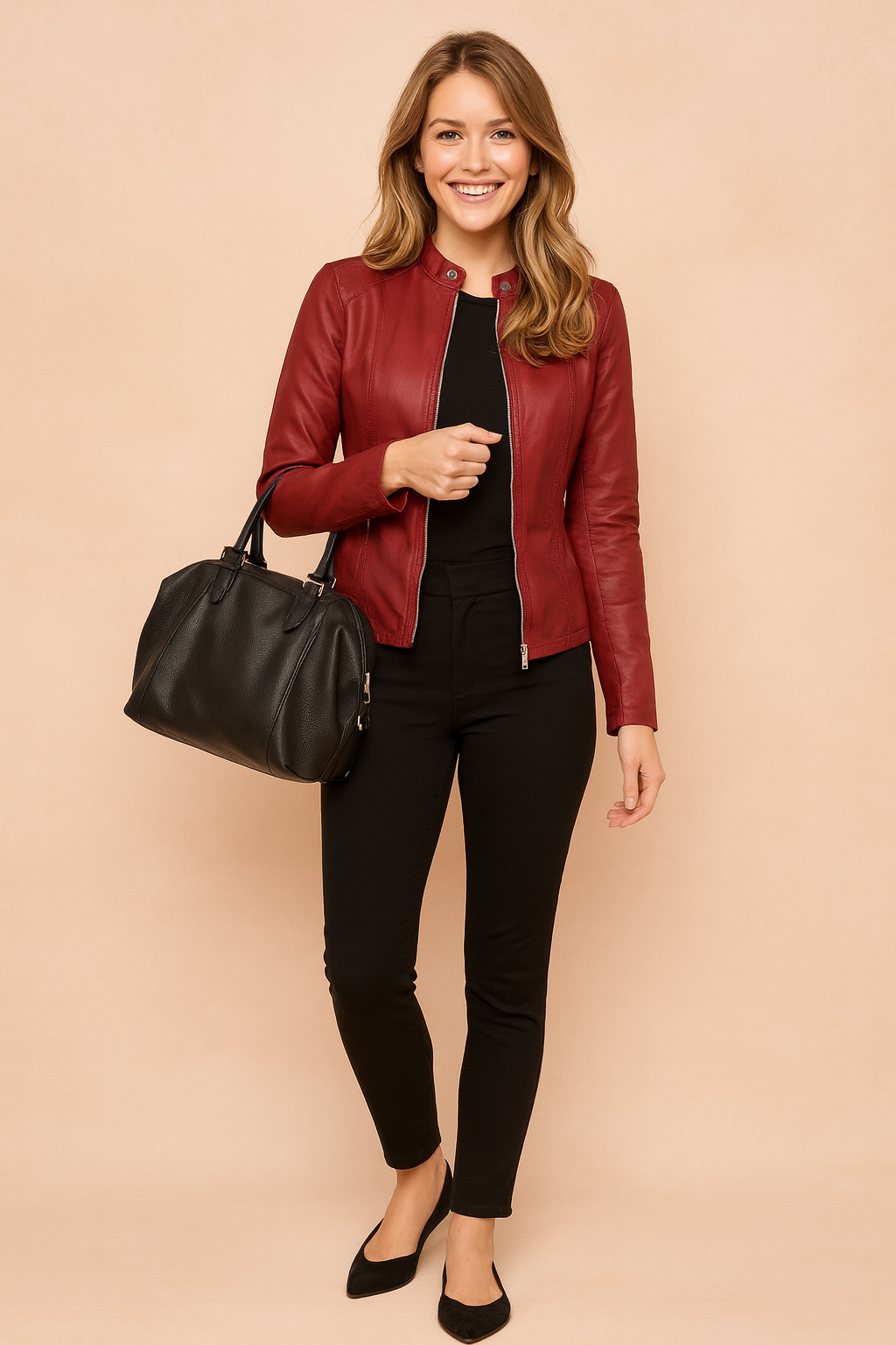 Veste Biker Femme en Simili Cuir avec Fermeture Éclair - Coupe Ajustée