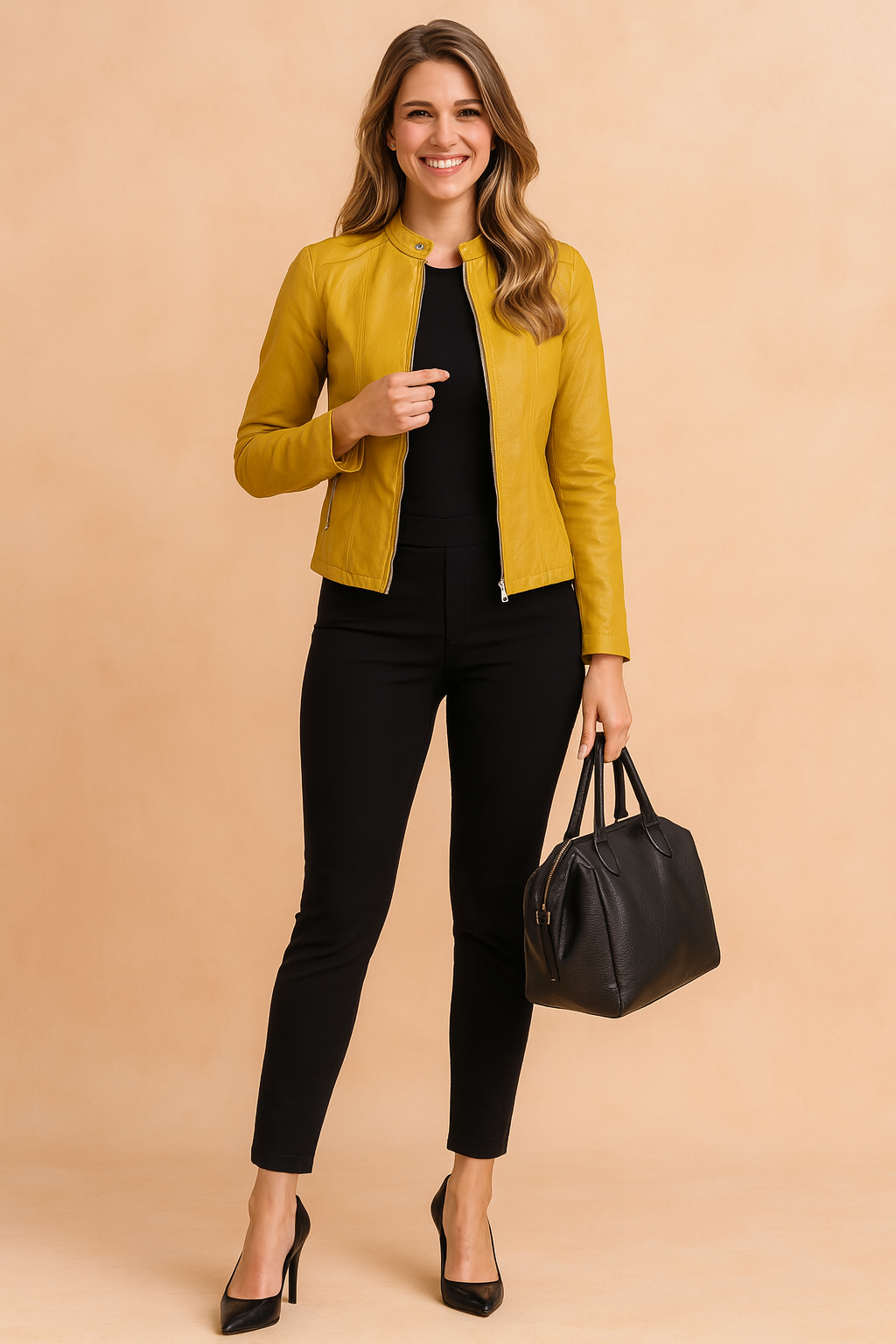 Veste Biker Femme en Simili Cuir avec Fermeture Éclair - Coupe Ajustée