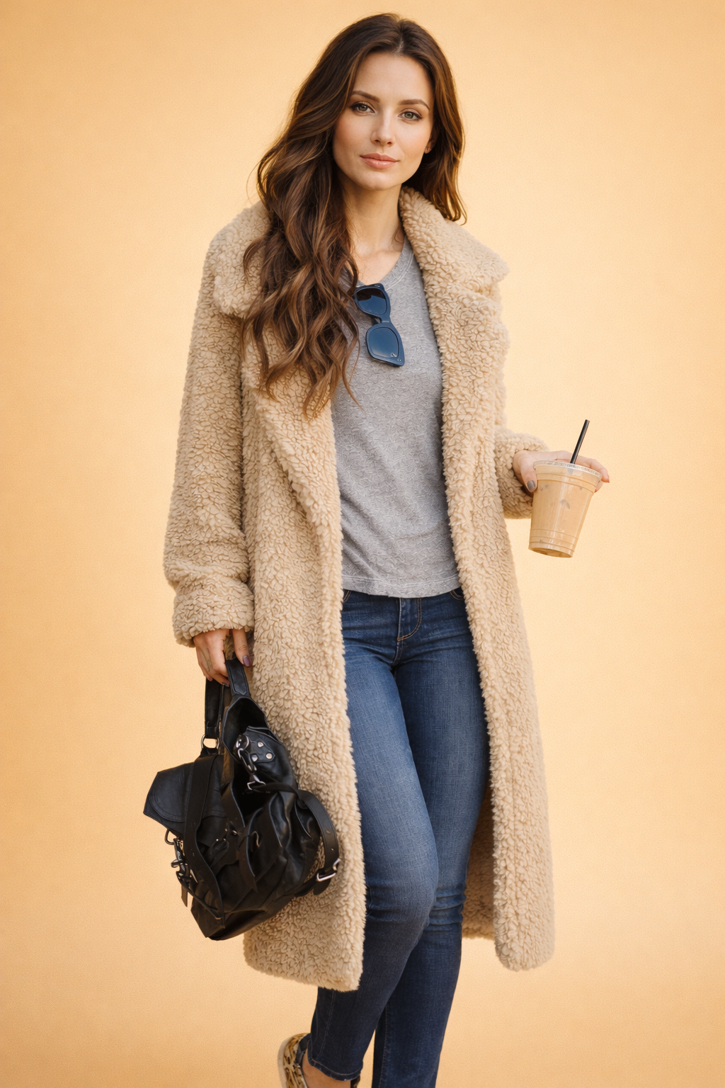 Cardigan Long Femme avec Col - Gilet en Modèle Manteau