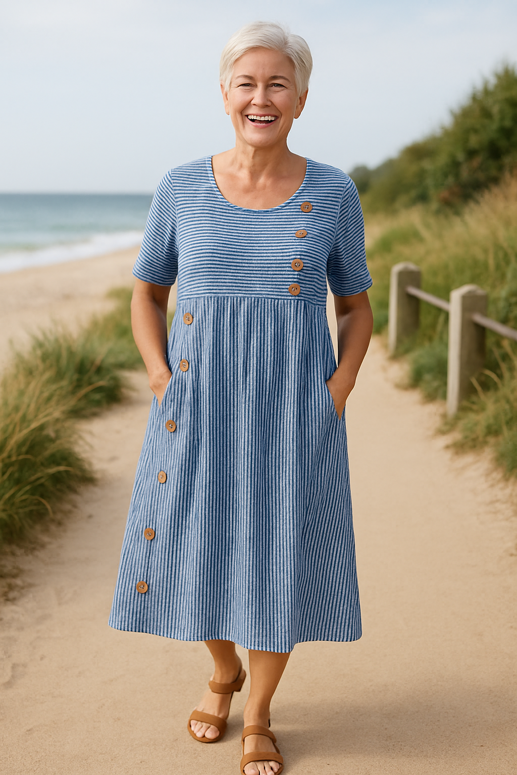 Iris | Robe midi à rayures pour femmes avec manches courtes et boutons