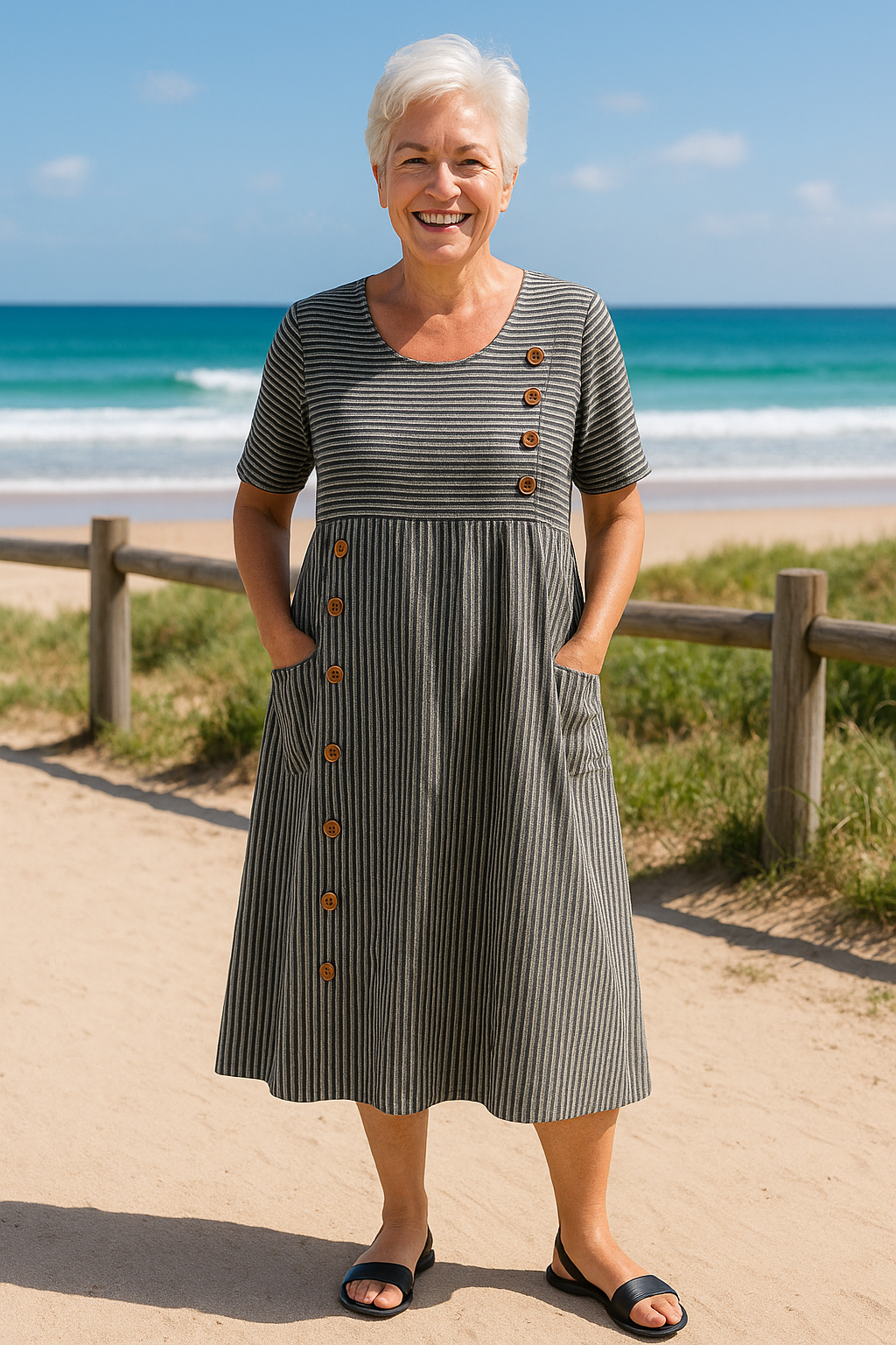 Iris | Robe midi à rayures pour femmes avec manches courtes et boutons